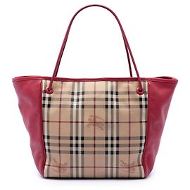 Red Burberry Small Haymarket Check Coated Canvas and Calfskin Canterbury Tote