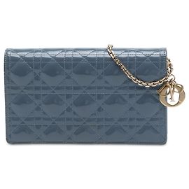 Autre Marque Bolsa de mão Lady Dior em couro envernizado Cannage azul com corrente e alça transversal