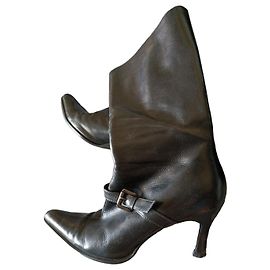 Autre Marque Black Leather High Boots with Stiletto Heel