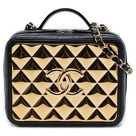 Bolso Vanity Case Satchel Chanel Medium de piel de cordero negro con placa dorada