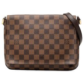 Sac à épaule Louis Vuitton Damier Ebene Musette Tango marron avec courte bandoulière