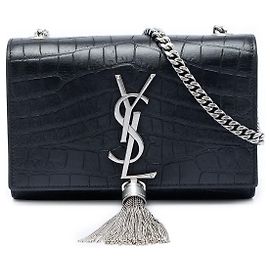 Autre Marque Borsa a tracolla Saint Laurent Kate Small in pelle goffrata effetto coccodrillo nera con monogramma e nappina
