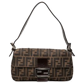 Borsa a spalla Baguette Fendi Zucca in tela marrone