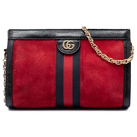 Borsa a tracolla con catena Gucci Ophidia Small in camoscio rosso con banda Web