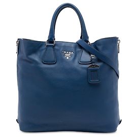 Bolso Tote Satchel Convertible Prada Vitello Daino Azul con Cremallera Lateral