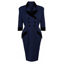 Thierry mugler, blaues Kleid mit Samtkragen