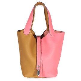 Hermès Rose Azalee Sesame Clemence Casaque Picotin Lock 18 PHW