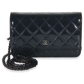 Carteira Chanel Navy Quilted Patent Wallet On Chain