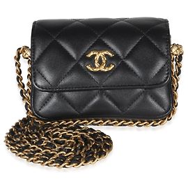Mini Clutch Chanel de Piel de Cordero Acolchada Negra con Cadena CC