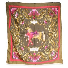Lenço de seda Hermès Kaki Pink Multicolor Cheval Turc 90