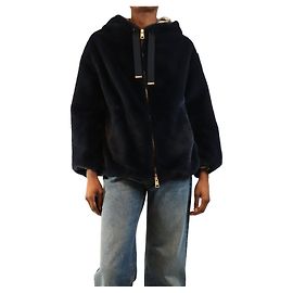 Herno Casaco com capuz e fecho em pele sintética azul marinho - size UK 6
