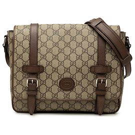 Borsa a tracolla Gucci Beige GG Supreme in pelle di vitello testurizzata con patta G intrecciata retro
