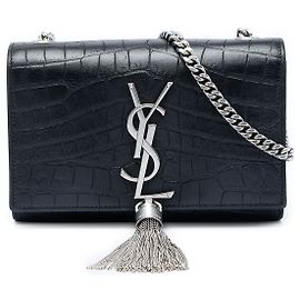 Autre Marque Saint Laurent Black Small Croc Embossed Leather Monogram Kate Tassel Crossbody