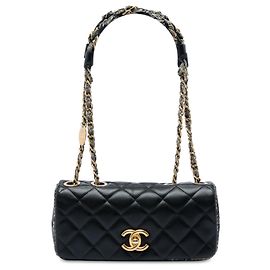Chanel Black Small CC Quilted Lambskin and Tweed Chain Flap