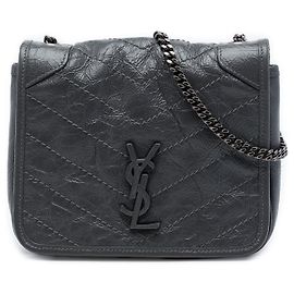 Autre Marque Saint Laurent Cartera Niki con cadena de piel de becerro arrugada negra