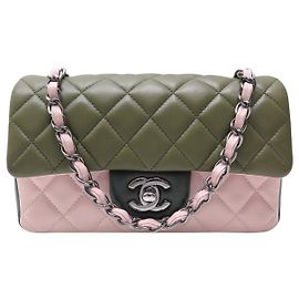 SAC A MAIN CHANEL MINI CLASSIQUE TIMELESS VERT ROSE CUIR SIMPLE RABAT BAG