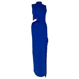 Autre Marque Galvan London Nova Beaded Fringed Cutout Maxi Dress in Blue Viscose