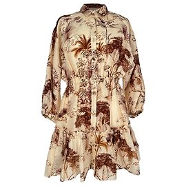  Sandro Paris Printed Mini Shirt Dress in Brown Linen