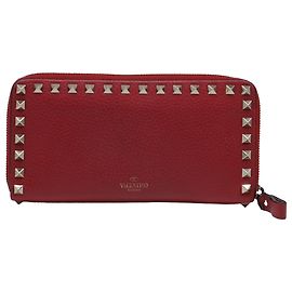 Portafoglio Continental Valentino Garavani Rockstud con zip in pelle Burgundy