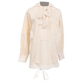 Top de manga comprida com decote em V e faixa Chloé em algodão creme