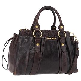Borsa a Mano Miu Miu Vitellolux 2way Marrone Scuro Oro Auth 202590V