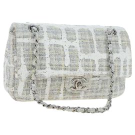 Bolsa de Ombro com Corrente CHANEL Tweed Branco Prata CC Auth 132564A