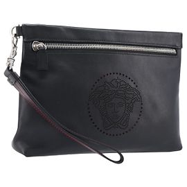 VERSACE Clutch Bag Leather Black Silver Auth bs37152A
