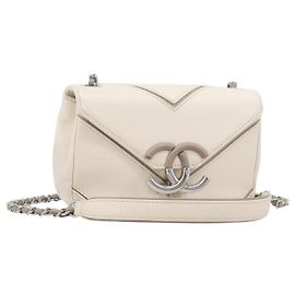 Borsa Small Flap CHANEL Macro Chevron in pelle Caviar Bianca Argento CC Auth ka6412V