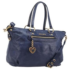 Bolso de mano Miu Miu Vitellolux 2way Navy Gold Auth 206095M