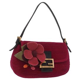 Bolsa de Ombro FENDI Mamma Baguette em Lã Vermelha e Dourada 8BR180 Auth 206269SM