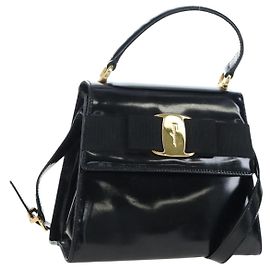 Borsa Salvatore Ferragamo Vala in pelle verniciata 2way Nera Oro Auth 206373