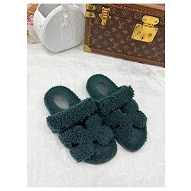 Hermès Teddy fleece Sandalen grün Kunstpelz Größe 37