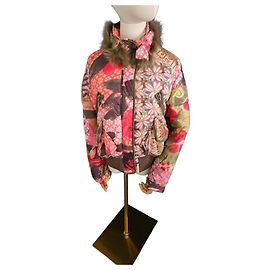 John Galliano Patchwork Floral Print Puffer Jacket with Fur Trim