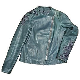 Casaco Biker em Pele Bordada Teal para Mulher Massimo Dutti