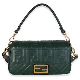 Borsa Baguette Fendi in Nappa verde scuro con goffratura FF 1974