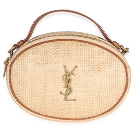 Autre Marque Saint Laurent runde Camera Bag aus beigem Raffia und braunem Kalbsleder