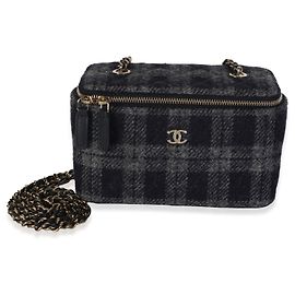 Chanel Small Vanity Case aus blauem Multicolor-Tweed mit Kette