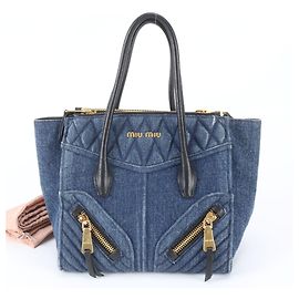 Miu Miu Biker Denim Quilted Leather Handbag Tote Bag RN1032