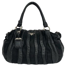 Saco Tote Prada em couro e tecido Tessuto riscado preto