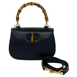 Bolsa de mão/Bolsa de ombro 2-Way em couro e bambu vintage Gucci - Navy
