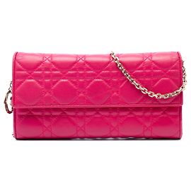 Autre Marque Dior Pink Lambskin Cannage Lady Dior Wallet On Chain