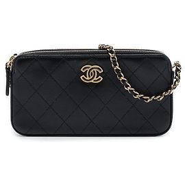 Pochette Chanel Black CC Quilted Calfskin Double Zip avec chaîne