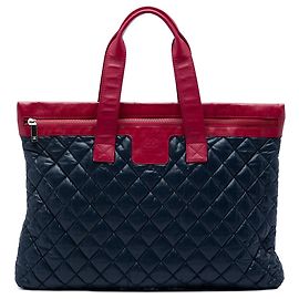 Chanel Blue Large Bicolor Quilted Nylon and Lambskin Coco Cocoon Flat Tote
