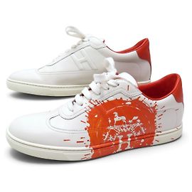 Hermès HERMES QUICKER SPLASH ORANGE BLANC LEATHER LOGO 40 SHOES SNEAKERS