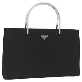 Bolso de mano PRADA con asa de metal Nylon Black Silver Auth 206110A