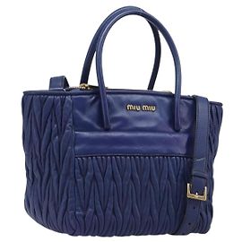 Bolsa de Mão Miu Miu Matelassé em Couro 2way Azul Tom Dourado Auth BA15493V