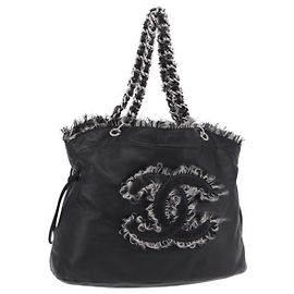 CHANEL COCO Mark Chain Tote Bag aus Leder Schwarz Silber CC Auth yk20951SAV