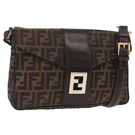 FENDI Zucca Canvas Schultertasche Braun Schwarz Auth 206232A