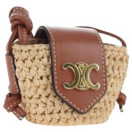 Céline CELINE Mini Shoulder Pouch Raffia 2way Beige Gold Auth 204431M