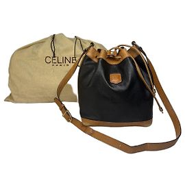 Céline Bolso bucket Vintage Celine de cuero Finales de los 1980 Black Tan